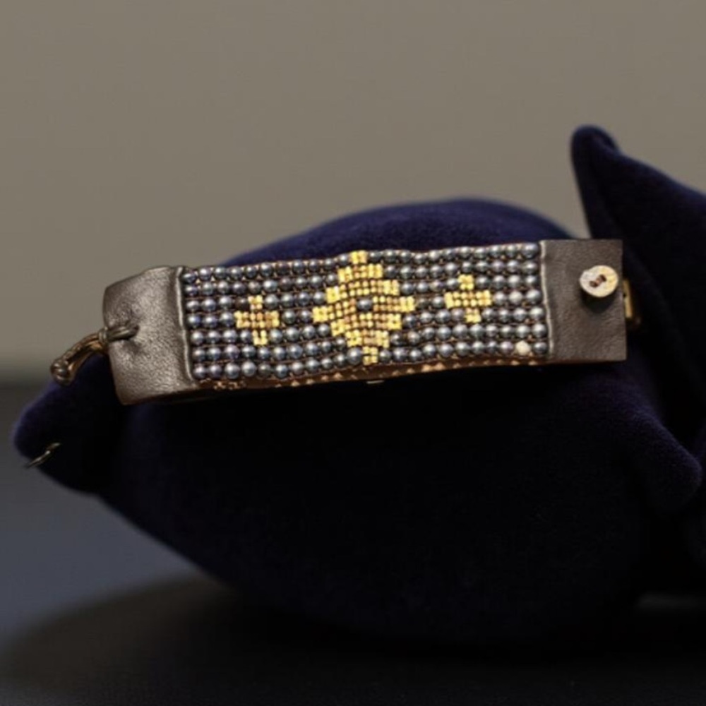 Nakamol Bracelet Handcrafted Leather with Pearls and Gold tone beads LIKE NEW
